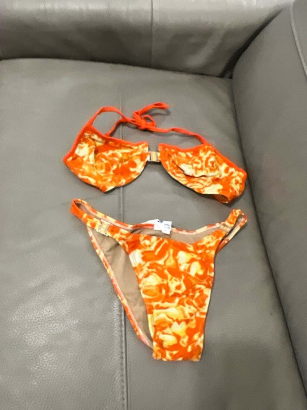 Vintage Y2K Brazilian Fluidos Orange Marble Print Underwire Bikini Set Size M